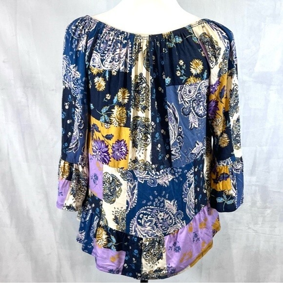 Style & Co on or off shoulder boho patchwork print long bell sleeve top size XS - Picture 6 of 8